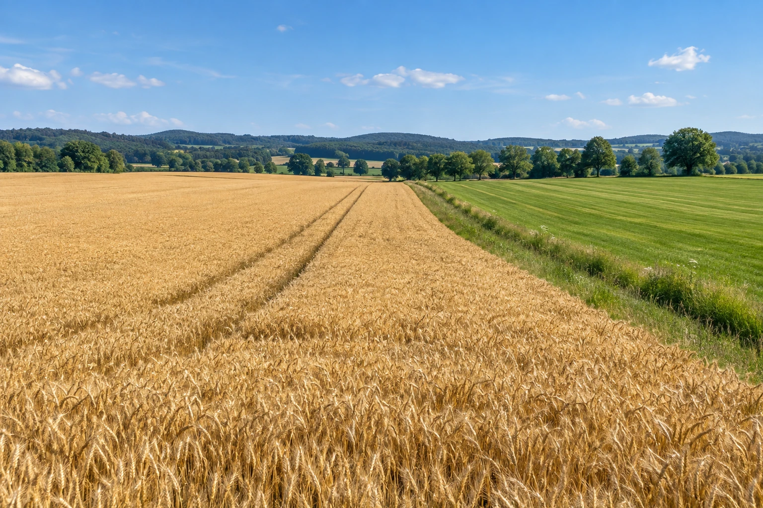 Arable land and grassland in a European farming landscape