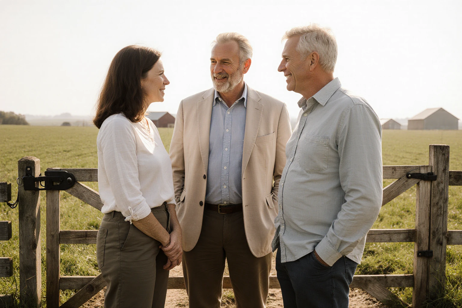 Three adults talking beside a gate at the edge of agricultural land