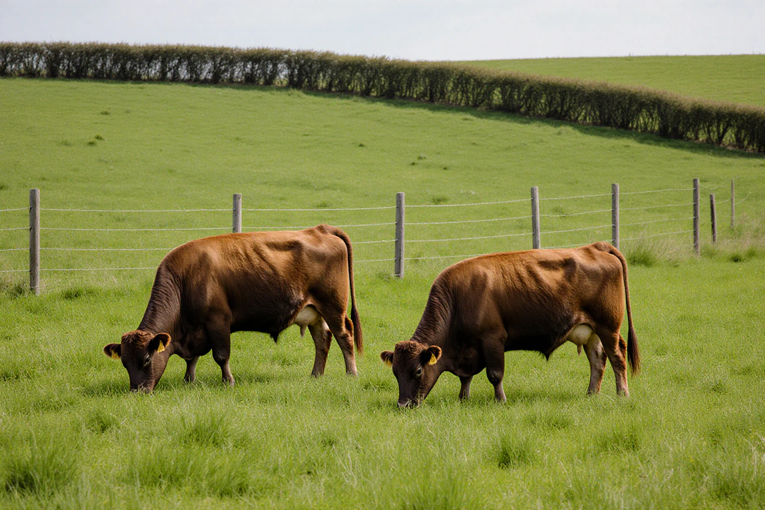 Two brown cattle grazing in a green pasture beside a simple fence